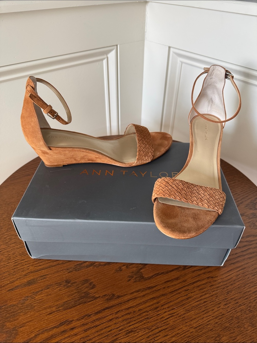 Ann Taylor Woven Suede Ankle-Strap Heels in Cognac Tan